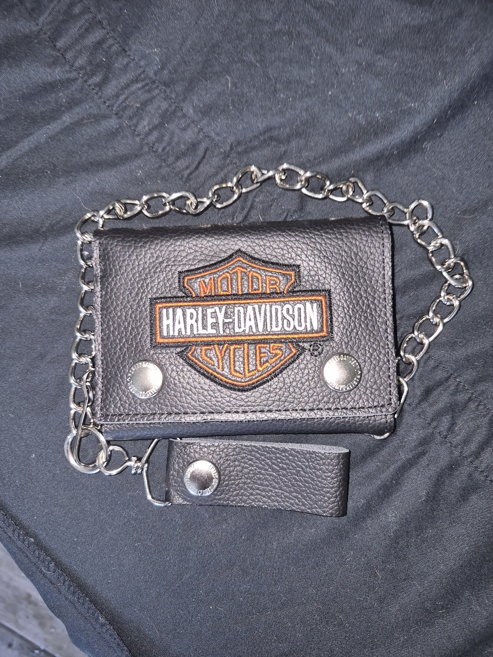 Harley-Davidson Black Leather Chain Wallet with Orange Logo Patch